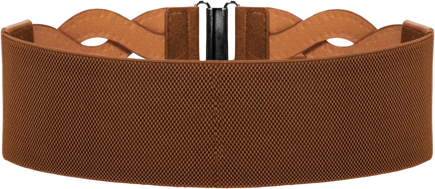 image:imageGRACE KARIN Wide Belts for Women Elastic Waist Belt 3 inch wide stretchy waistband Woven design Golden buckle For dresses skirt Vintage casual boho western styleCognac Brown