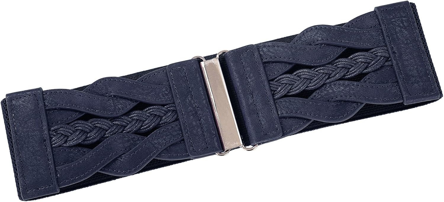 image:imageGRACE KARIN Wide Belts for Women Elastic Waist Belt 3 inch wide stretchy waistband Woven design Golden buckle For dresses skirt Vintage casual boho western styleNavy Blue