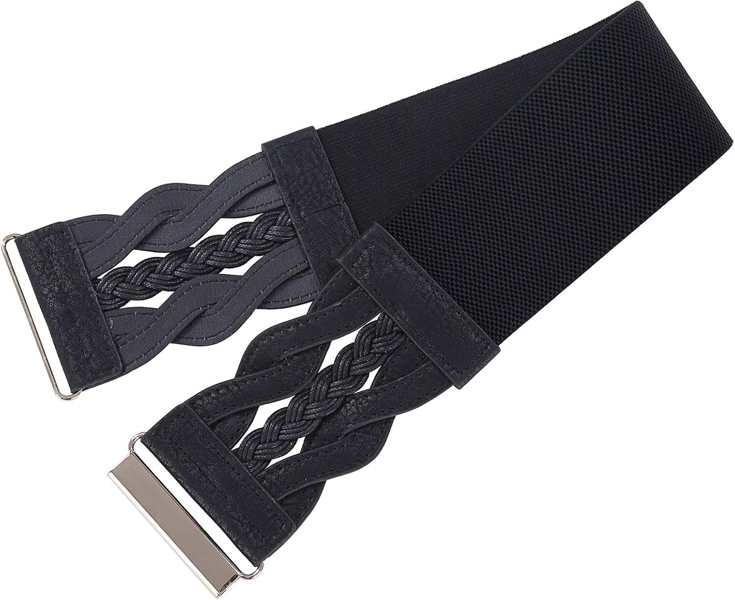 image:imageGRACE KARIN Wide Belts for Women Elastic Waist Belt 3 inch wide stretchy waistband Woven design Golden buckle For dresses skirt Vintage casual boho western styleBlack and Coffee