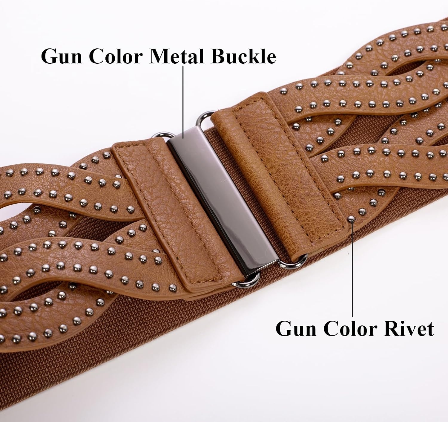 image:imageGRACE KARIN Wide Belts for Women Elastic Waist Belt 3 inch wide stretchy waistband Woven design Golden buckle For dresses skirt Vintage casual boho western styleCognac Brown