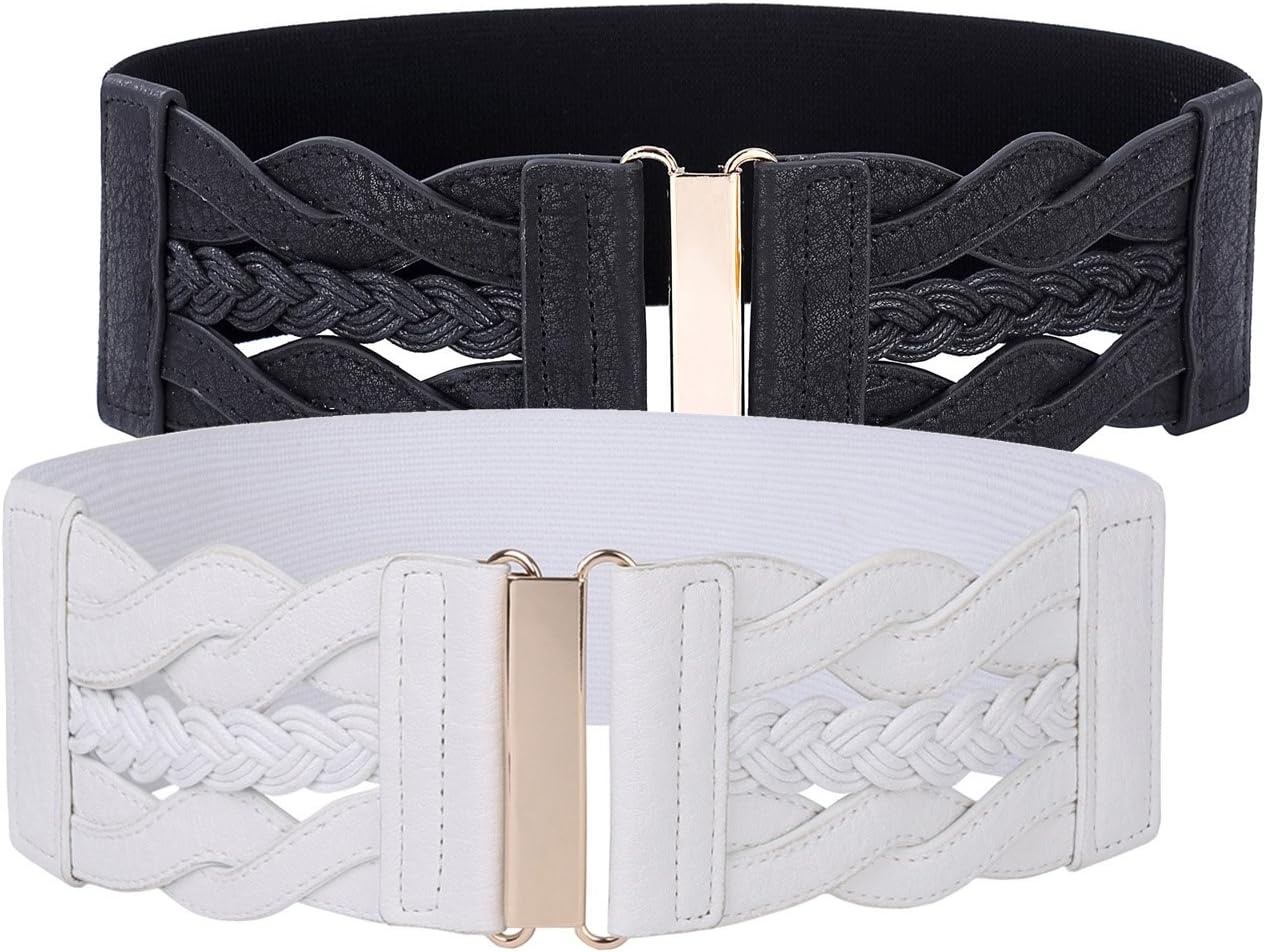 image:imageGRACE KARIN Wide Belts for Women Elastic Waist Belt 3 inch wide stretchy waistband Woven design Golden buckle For dresses skirt Vintage casual boho western styleBlack and White