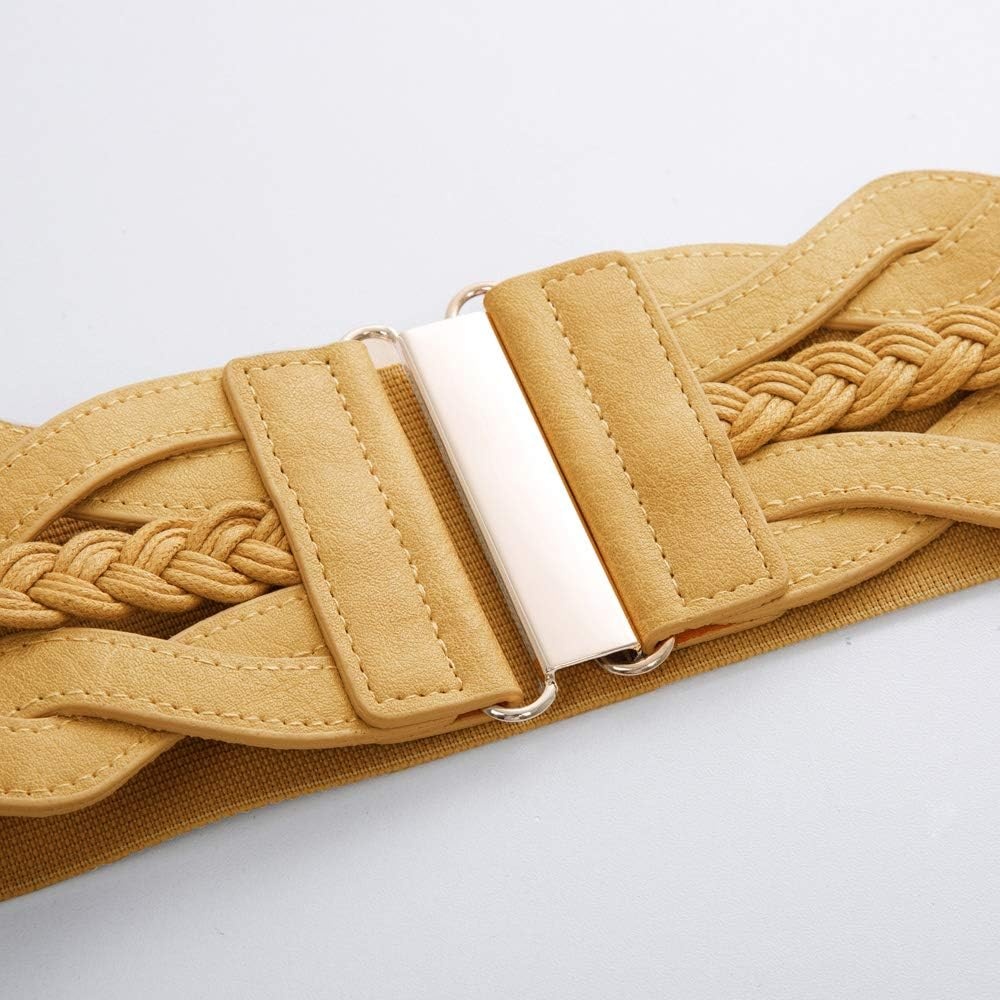 image:imageGRACE KARIN Wide Belts for Women Elastic Waist Belt 3 inch wide stretchy waistband Woven design Golden buckle For dresses skirt Vintage casual boho western styleGinger