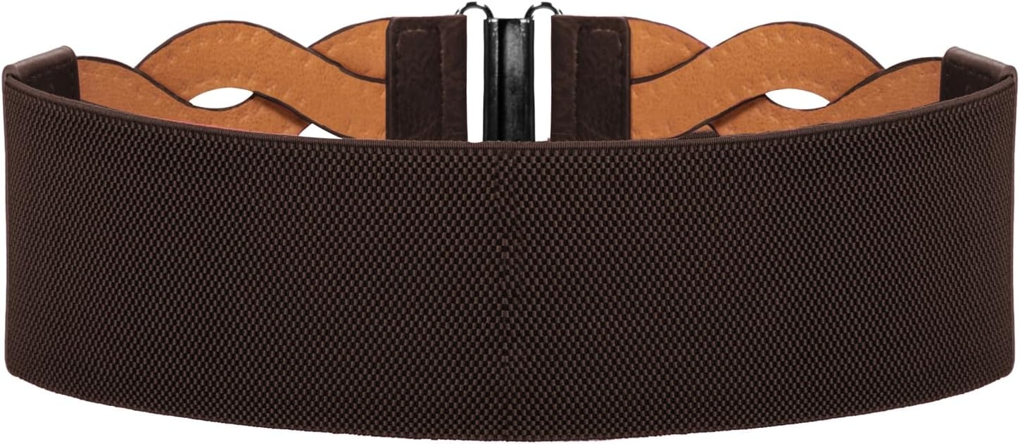 image:imageGRACE KARIN Wide Belts for Women Elastic Waist Belt 3 inch wide stretchy waistband Woven design Golden buckle For dresses skirt Vintage casual boho western styleDark Brown
