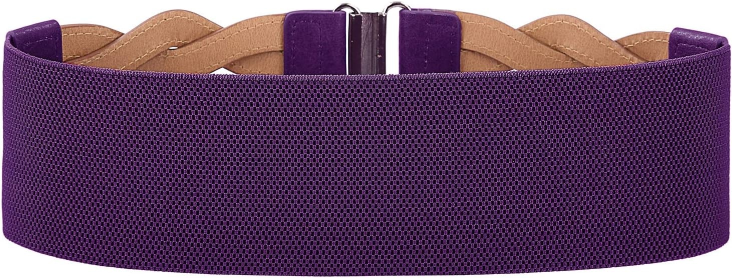 image:imageGRACE KARIN Wide Belts for Women Elastic Waist Belt 3 inch wide stretchy waistband Woven design Golden buckle For dresses skirt Vintage casual boho western stylePurple