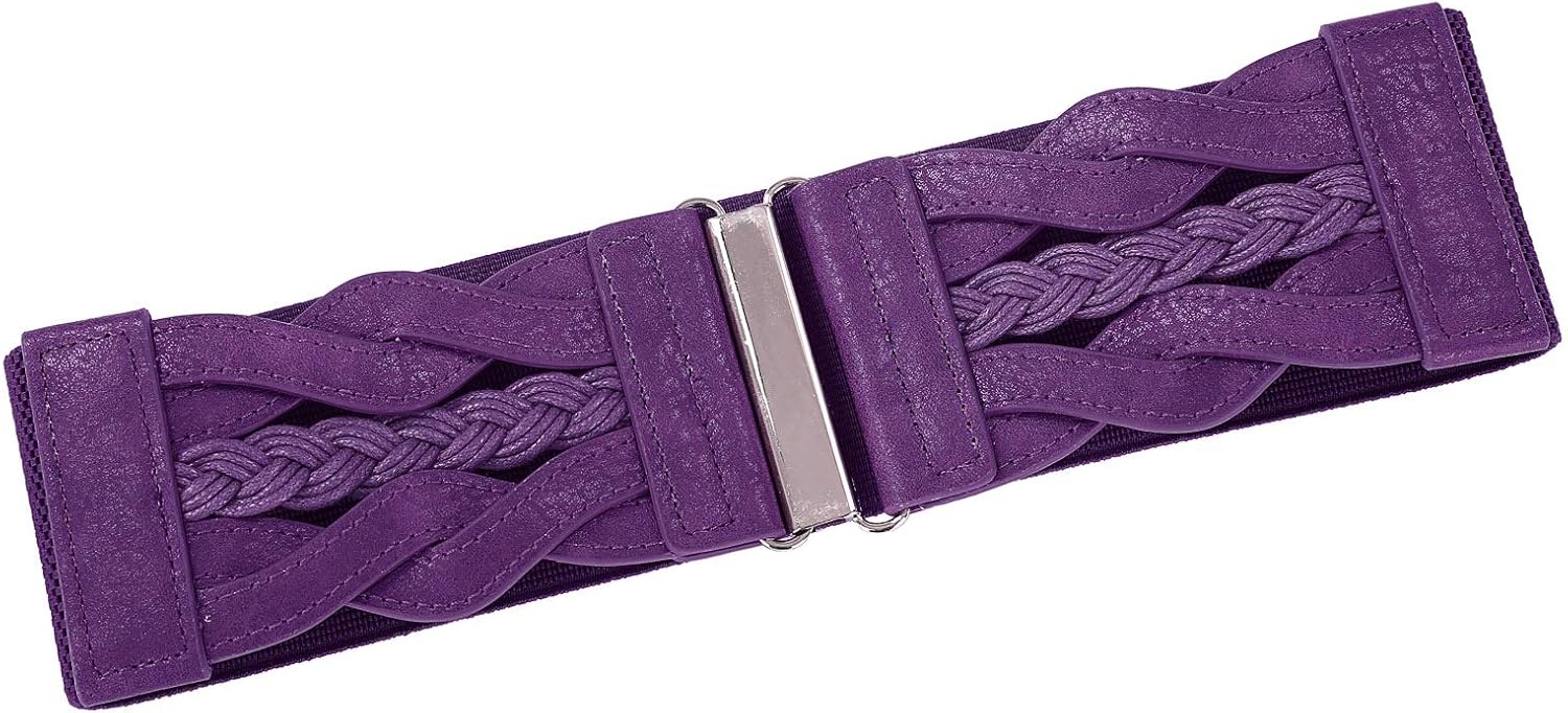 image:imageGRACE KARIN Wide Belts for Women Elastic Waist Belt 3 inch wide stretchy waistband Woven design Golden buckle For dresses skirt Vintage casual boho western stylePurple
