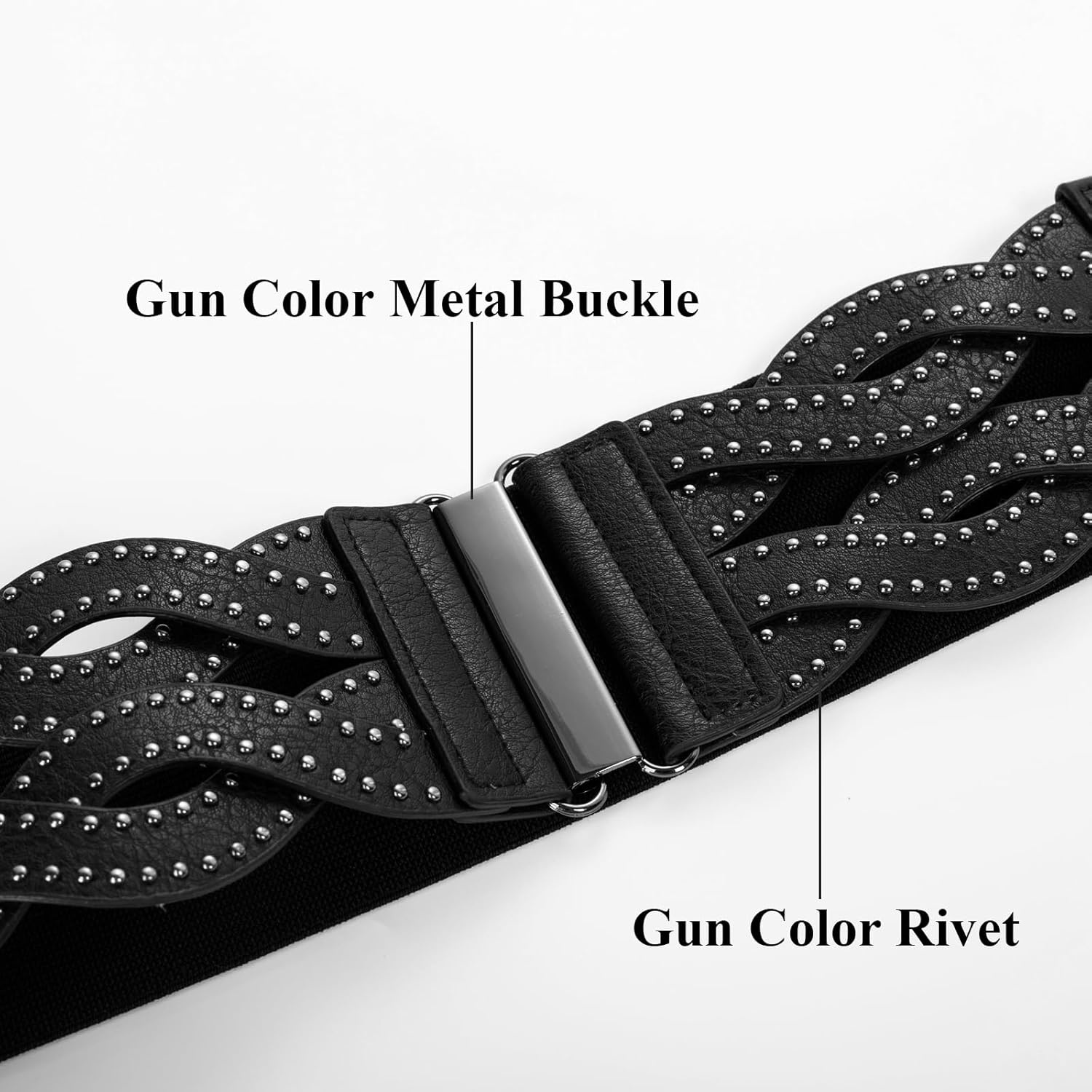 image:imageGRACE KARIN Wide Belts for Women Elastic Waist Belt 3 inch wide stretchy waistband Woven design Golden buckle For dresses skirt Vintage casual boho western styleMatte Black
