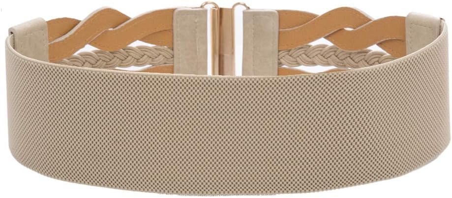 image:imageGRACE KARIN Wide Belts for Women Elastic Waist Belt 3 inch wide stretchy waistband Woven design Golden buckle For dresses skirt Vintage casual boho western styleBeige