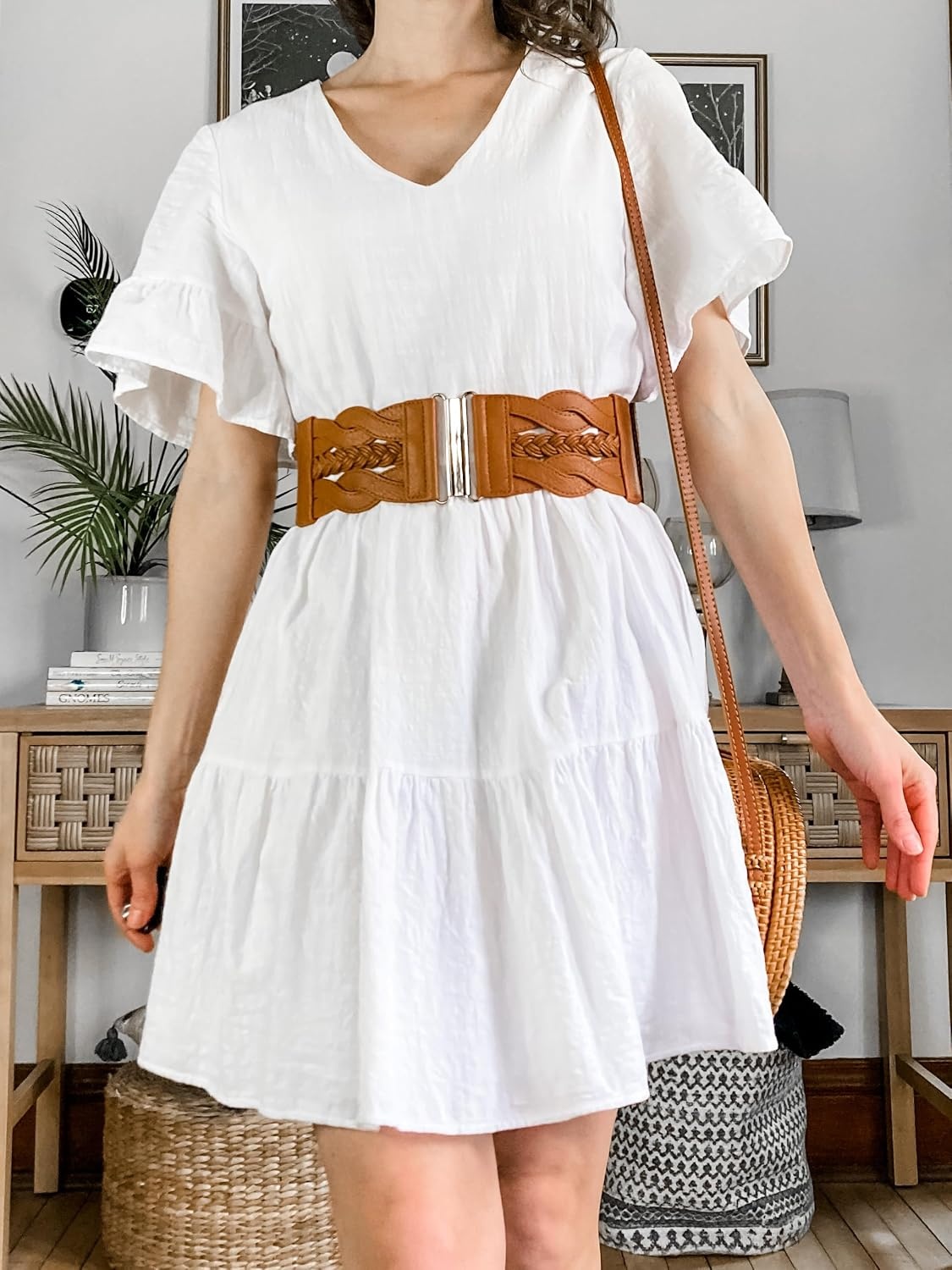 image:imageGRACE KARIN Wide Belts for Women Elastic Waist Belt 3 inch wide stretchy waistband Woven design Golden buckle For dresses skirt Vintage casual boho western styleBrown