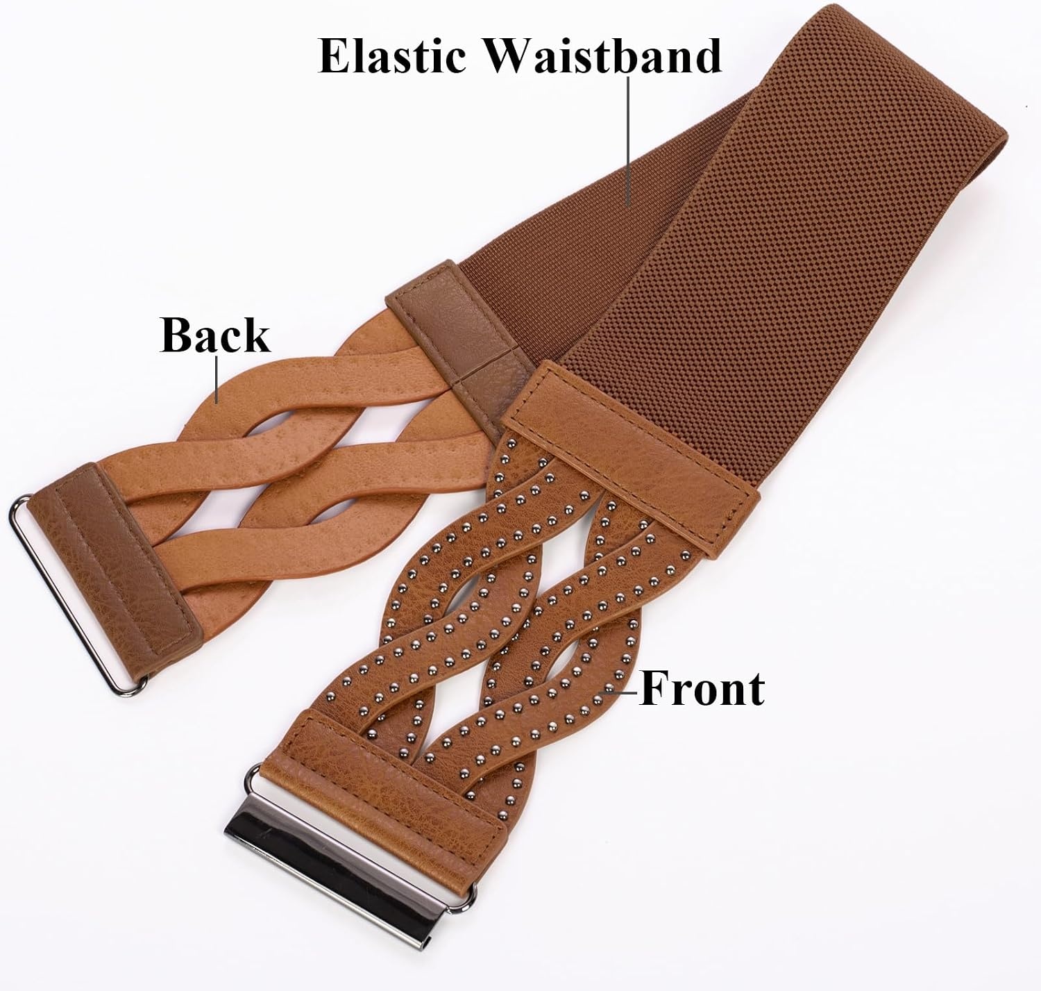 image:imageGRACE KARIN Wide Belts for Women Elastic Waist Belt 3 inch wide stretchy waistband Woven design Golden buckle For dresses skirt Vintage casual boho western styleCognac Brown