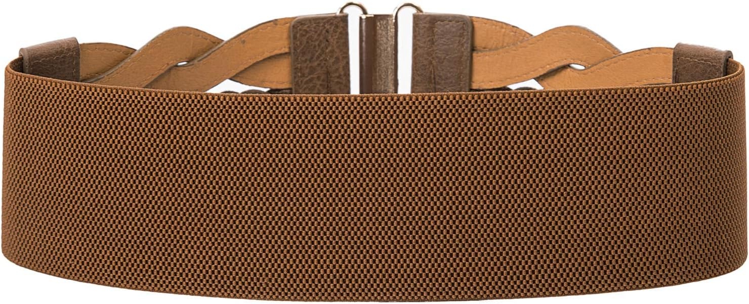 image:imageGRACE KARIN Wide Belts for Women Elastic Waist Belt 3 inch wide stretchy waistband Woven design Golden buckle For dresses skirt Vintage casual boho western styleSepia