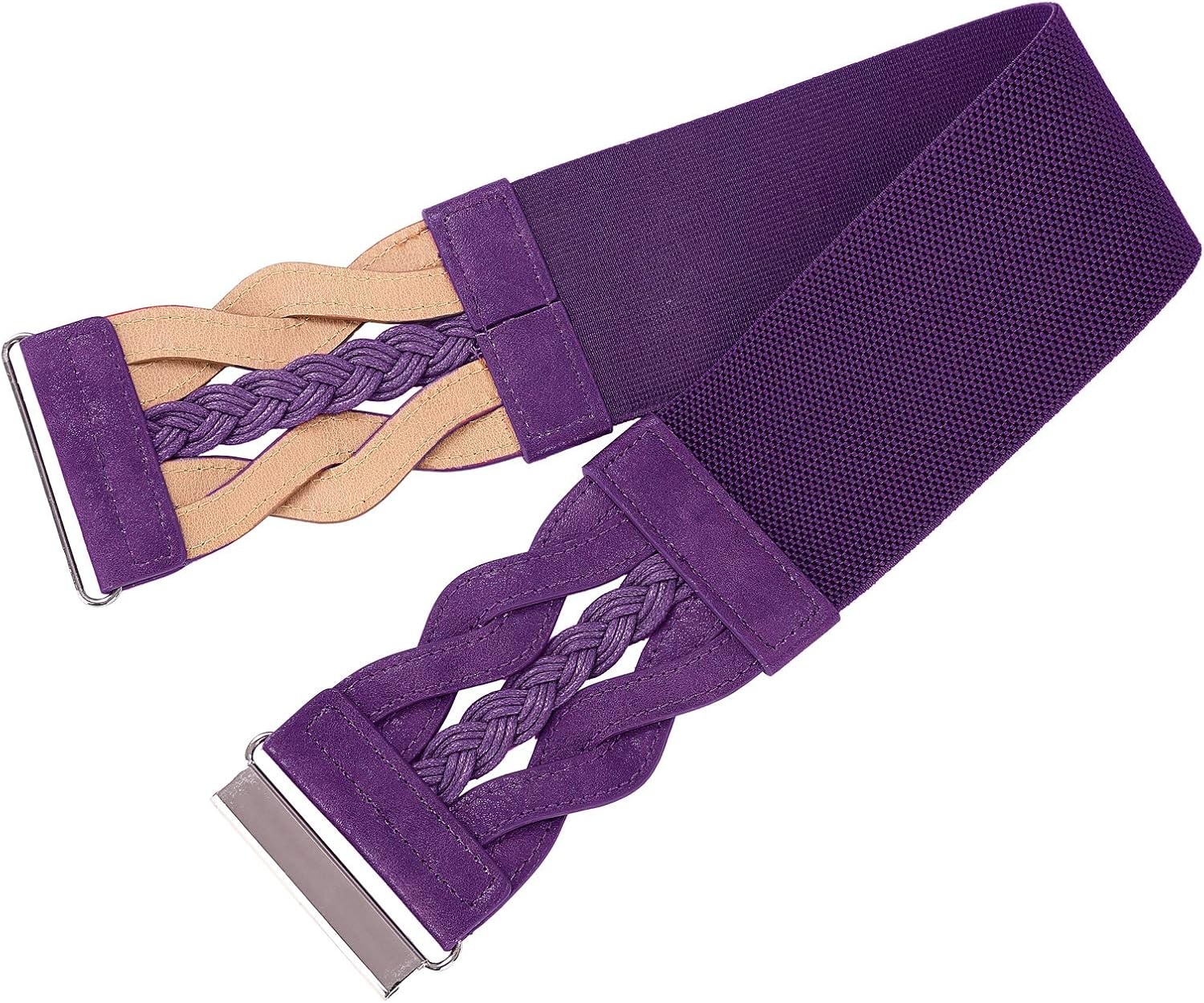 image:imageGRACE KARIN Wide Belts for Women Elastic Waist Belt 3 inch wide stretchy waistband Woven design Golden buckle For dresses skirt Vintage casual boho western stylePurple