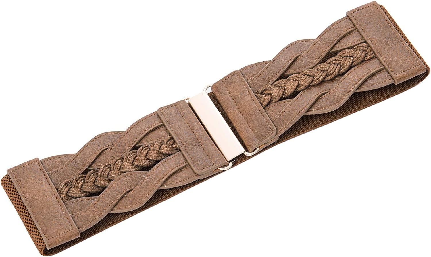 image:imageGRACE KARIN Wide Belts for Women Elastic Waist Belt 3 inch wide stretchy waistband Woven design Golden buckle For dresses skirt Vintage casual boho western styleSepia