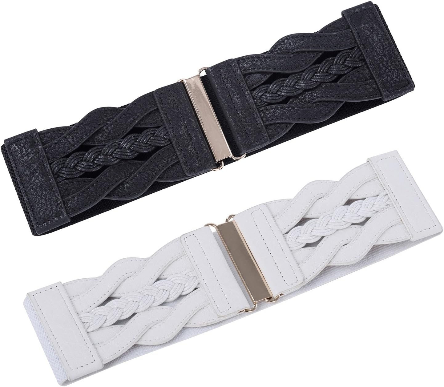 image:imageGRACE KARIN Wide Belts for Women Elastic Waist Belt 3 inch wide stretchy waistband Woven design Golden buckle For dresses skirt Vintage casual boho western styleBlack and White