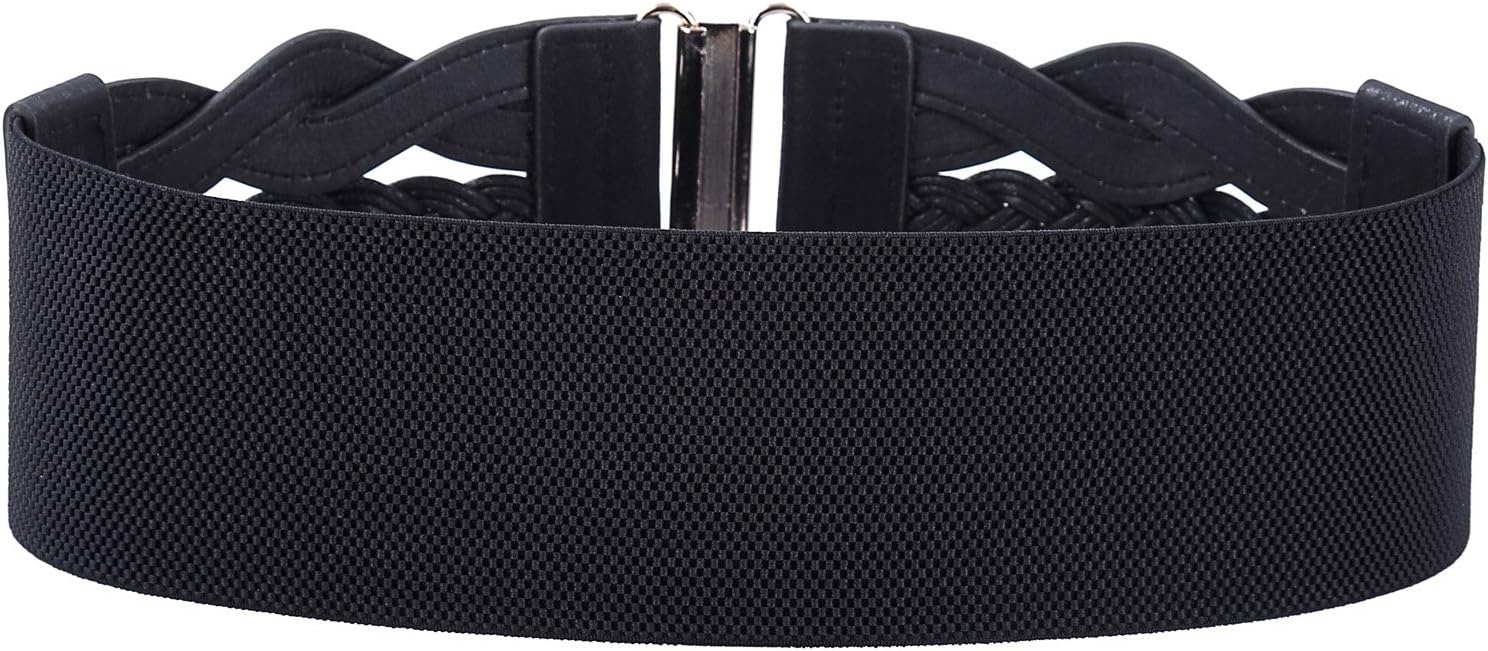 image:imageGRACE KARIN Wide Belts for Women Elastic Waist Belt 3 inch wide stretchy waistband Woven design Golden buckle For dresses skirt Vintage casual boho western styleBlack