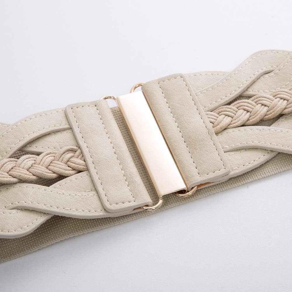 image:imageGRACE KARIN Wide Belts for Women Elastic Waist Belt 3 inch wide stretchy waistband Woven design Golden buckle For dresses skirt Vintage casual boho western styleBeige