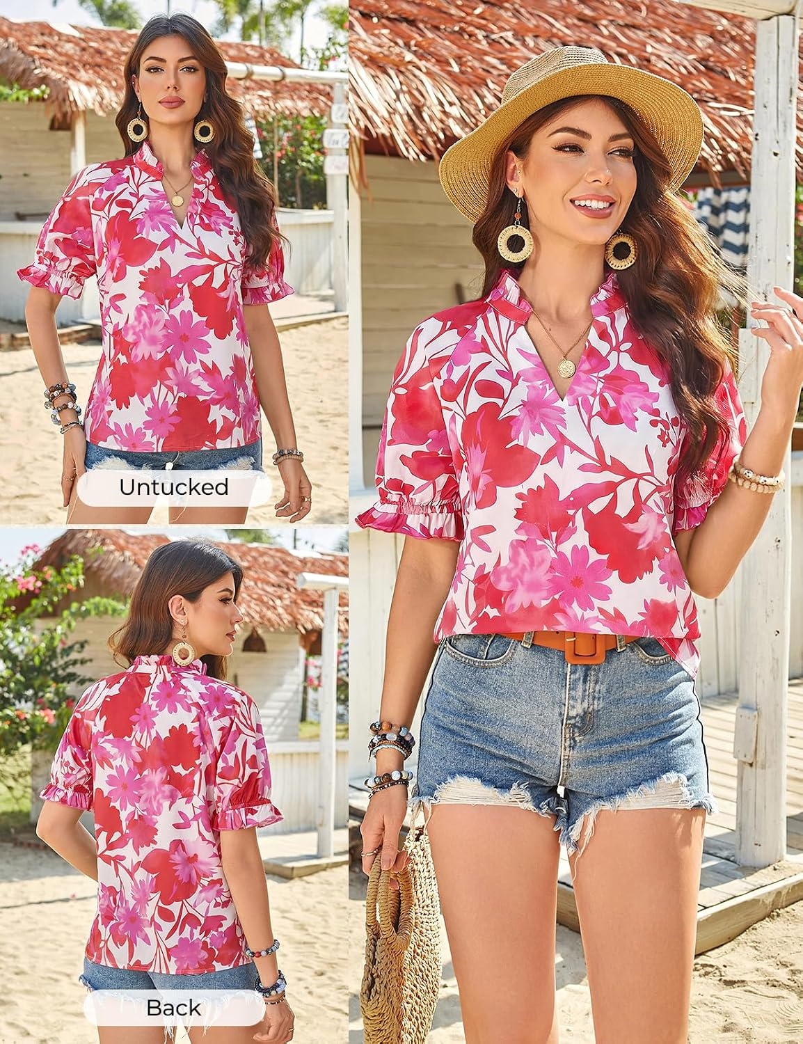image:imageGRACE KARIN Womens Boho Tops Summer Spring Cotton Floral Blouses Short Sleeve Print Shirts V Neck Beach Vacation Clothes 2026White Red Floral