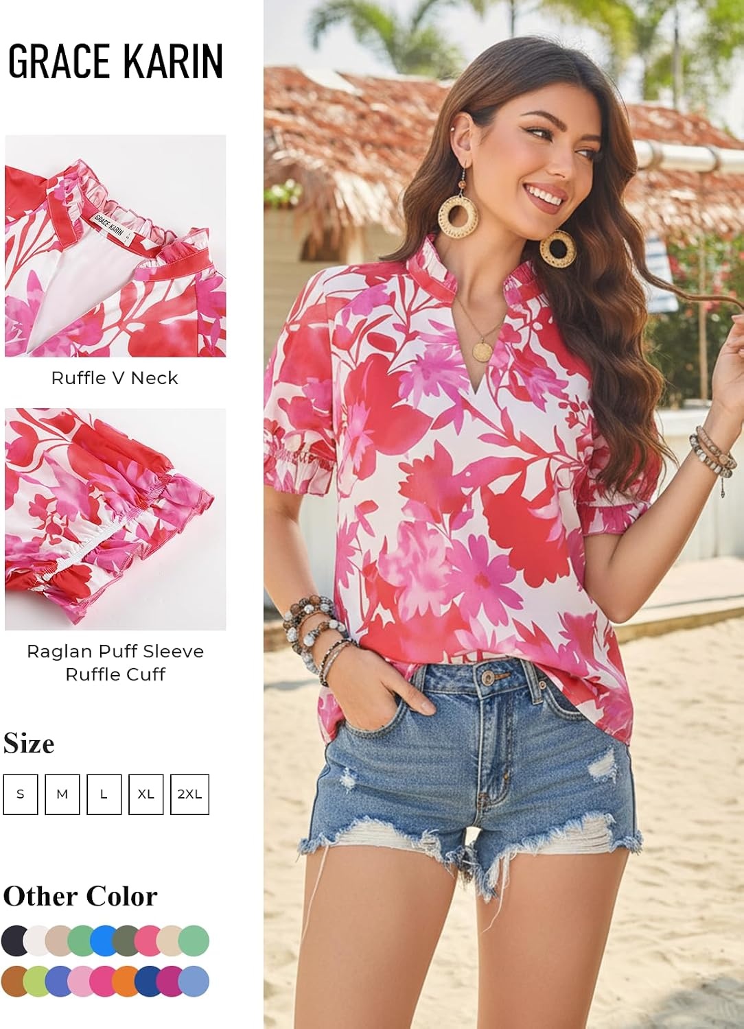 image:imageGRACE KARIN Womens Boho Tops Summer Spring Cotton Floral Blouses Short Sleeve Print Shirts V Neck Beach Vacation Clothes 2026White Red Floral