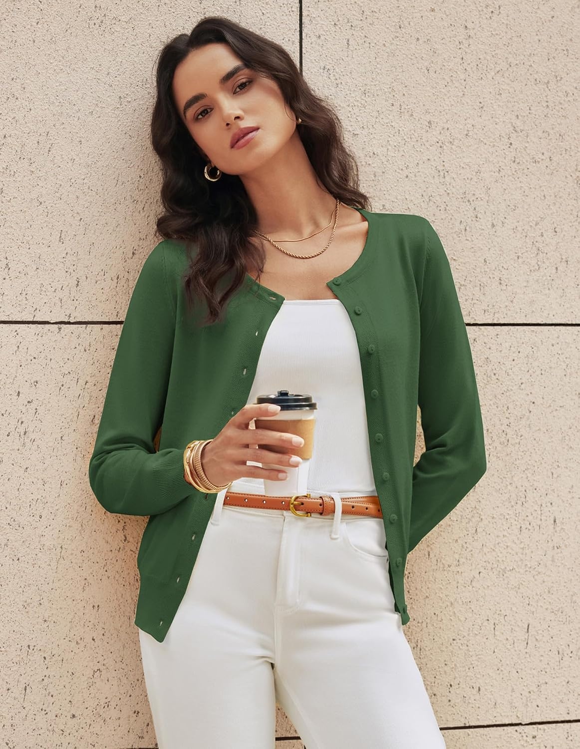 image:imageGRACE KARIN Womens Long Sleeve Knit Cardigan Sweaters Casual Dressy Open Front Button Down Cardigans Summer OutfitsDark Olive Green