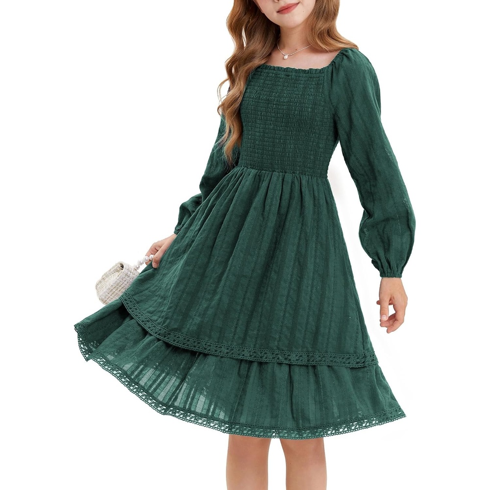image:imageGRACE KARIN Girls Fall Cotton Dress Long Sleeve Smocked Dresses for 714Y Layered Square Neck Lace Trim Flowy Casual School Party Formal Birthday Christmas Holiday ALine Kids ClothesDark Green