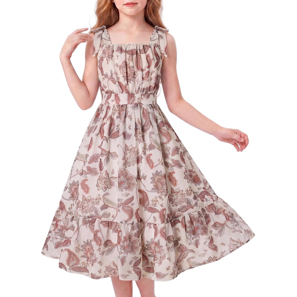 image:imageGRACE KARIN Girls Hawaiian Dress Floral Chiffon ALine Sleeveless Summer Sundress for Beach Vacation Party 716Apricot Paisley
