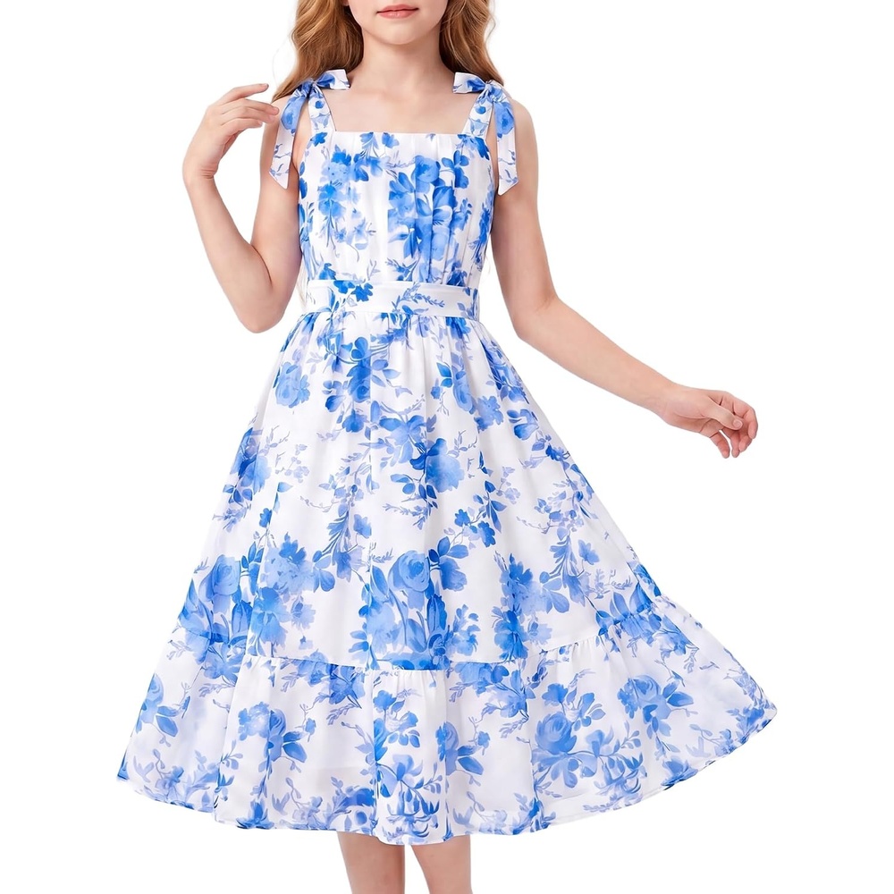 image:imageGRACE KARIN Girls Hawaiian Dress Floral Chiffon ALine Sleeveless Summer Sundress for Beach Vacation Party 716Blue Willow