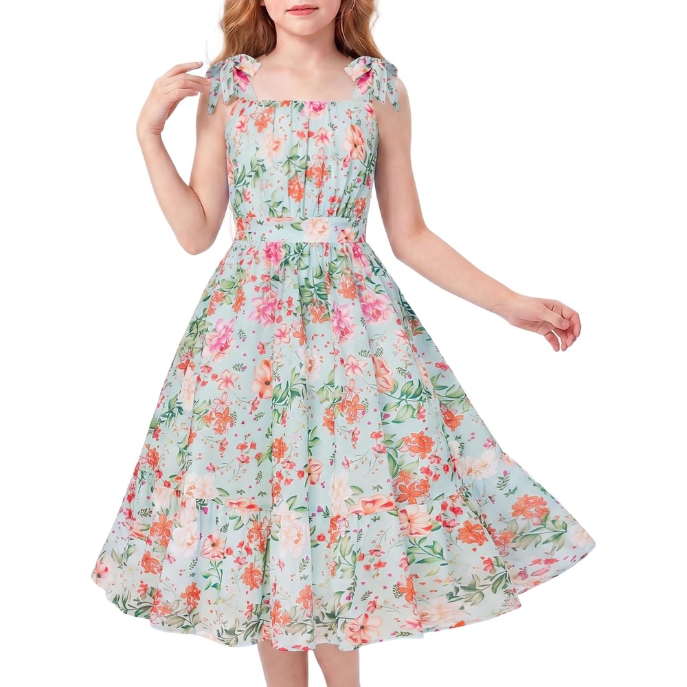 image:imageGRACE KARIN Girls Hawaiian Dress Floral Chiffon ALine Sleeveless Summer Sundress for Beach Vacation Party 716Botanical Pink