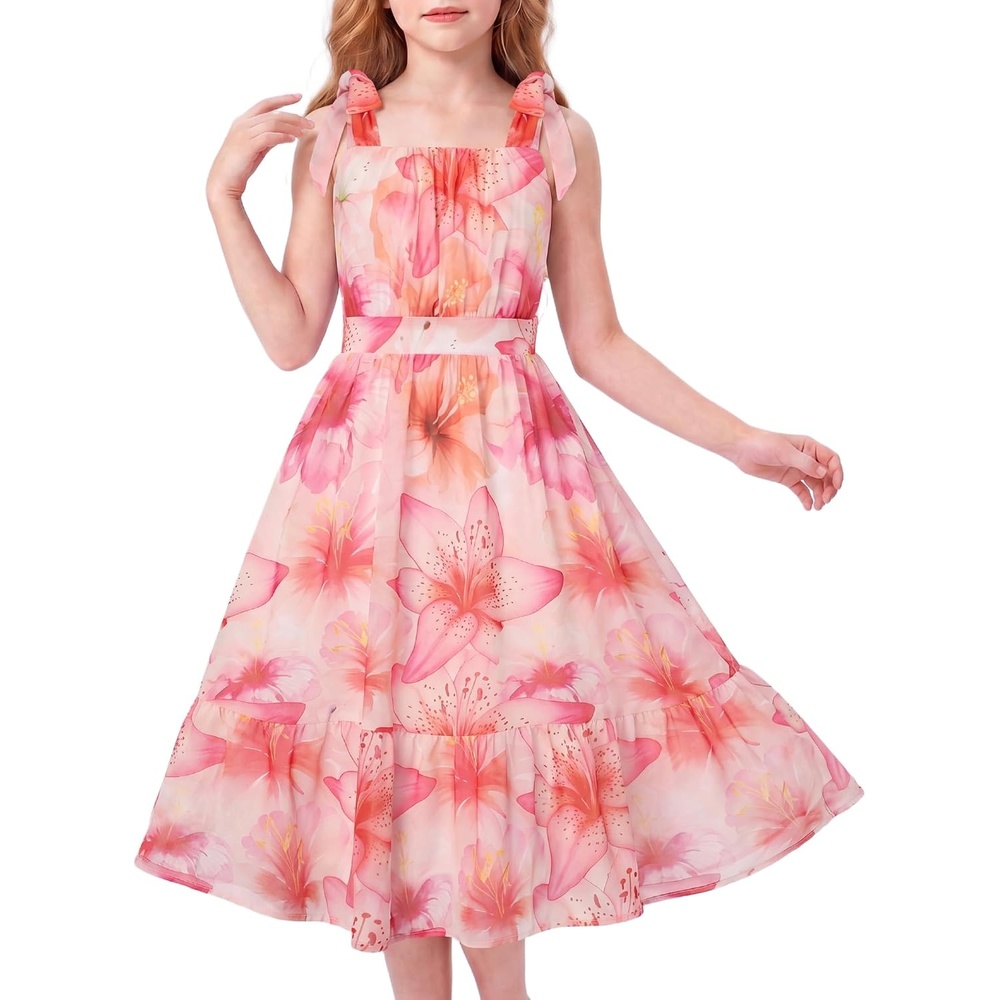 image:imageGRACE KARIN Girls Hawaiian Dress Floral Chiffon ALine Sleeveless Summer Sundress for Beach Vacation Party 716Coral Pink Large Floral