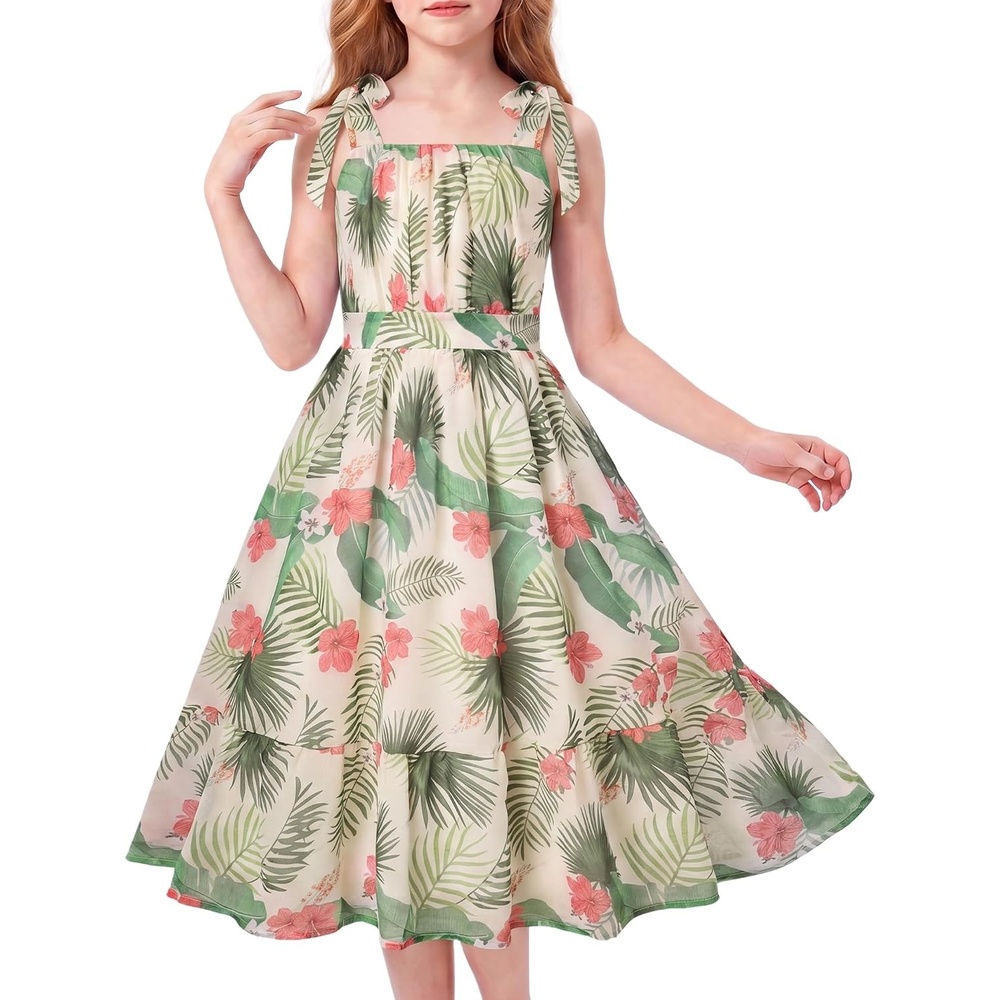 image:imageGRACE KARIN Girls Hawaiian Dress Floral Chiffon ALine Sleeveless Summer Sundress for Beach Vacation Party 716Green Leaf Floral