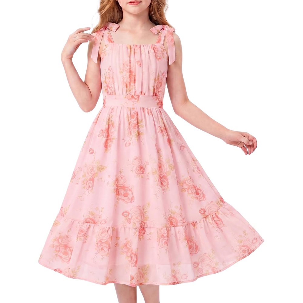 image:imageGRACE KARIN Girls Hawaiian Dress Floral Chiffon ALine Sleeveless Summer Sundress for Beach Vacation Party 716Pink Floral Yellow Leaf