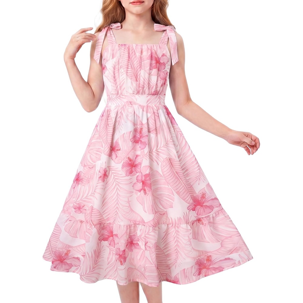 image:imageGRACE KARIN Girls Hawaiian Dress Floral Chiffon ALine Sleeveless Summer Sundress for Beach Vacation Party 716Pink Leaf Floral