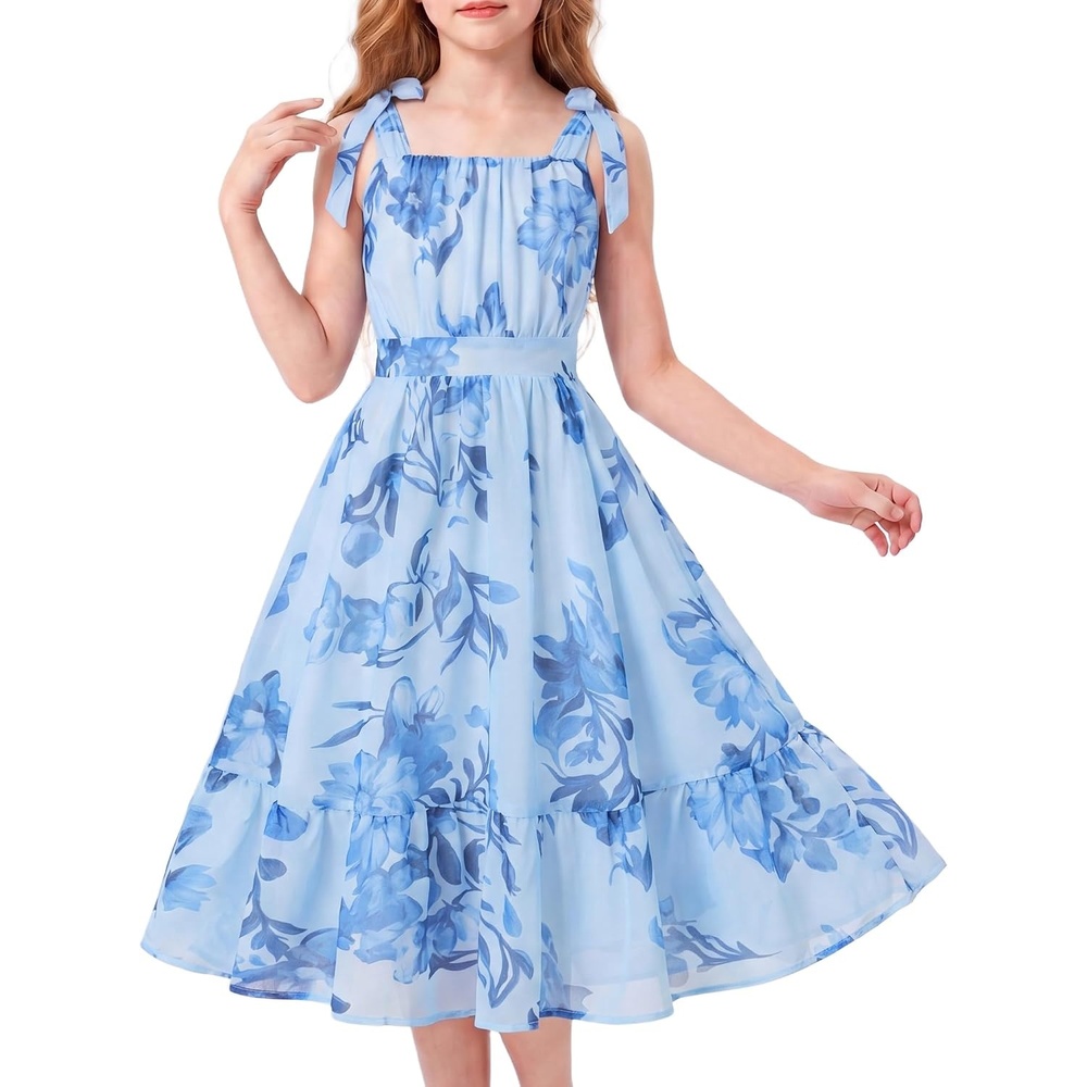 image:imageGRACE KARIN Girls Hawaiian Dress Floral Chiffon ALine Sleeveless Summer Sundress for Beach Vacation Party 716Powder Blue Navy Floral