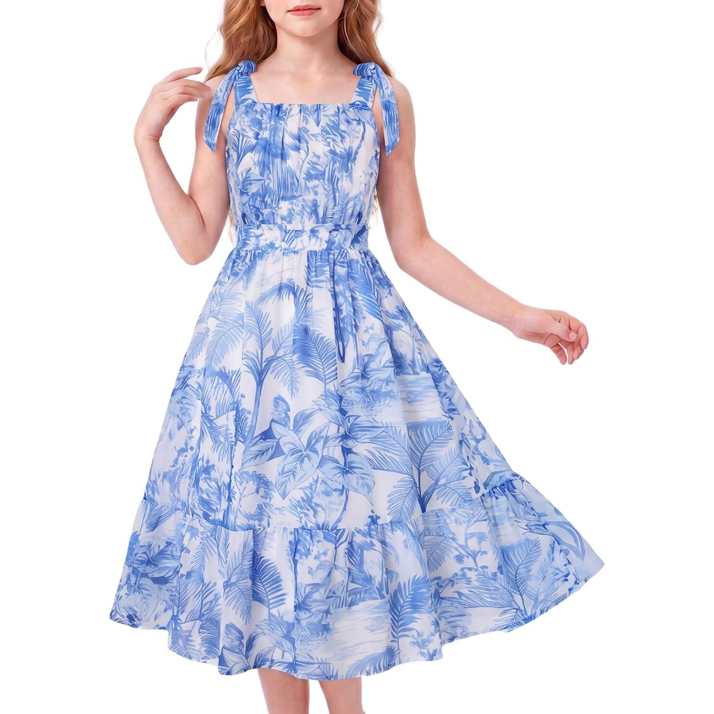 image:imageGRACE KARIN Girls Hawaiian Dress Floral Chiffon ALine Sleeveless Summer Sundress for Beach Vacation Party 716White Blue Tree Print