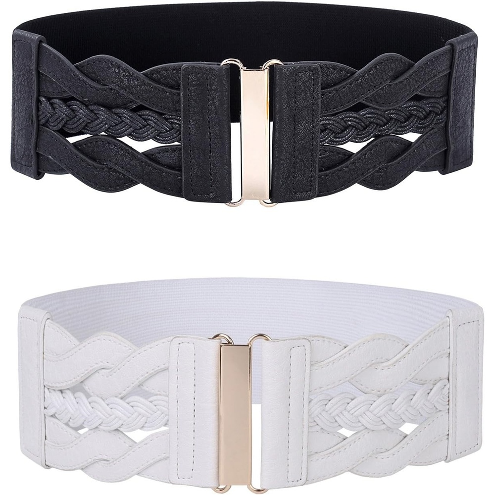image:imageGRACE KARIN Wide Belts for Women Elastic Waist Belt 3 inch wide stretchy waistband Woven design Golden buckle For dresses skirt Vintage casual boho western styleBlack and White