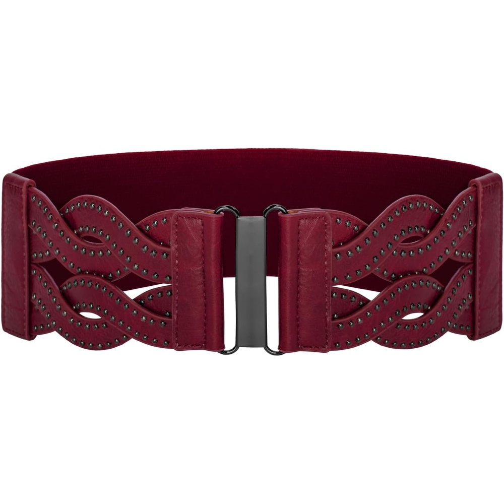 image:imageGRACE KARIN Wide Belts for Women Elastic Waist Belt 3 inch wide stretchy waistband Woven design Golden buckle For dresses skirt Vintage casual boho western styleBurgundy