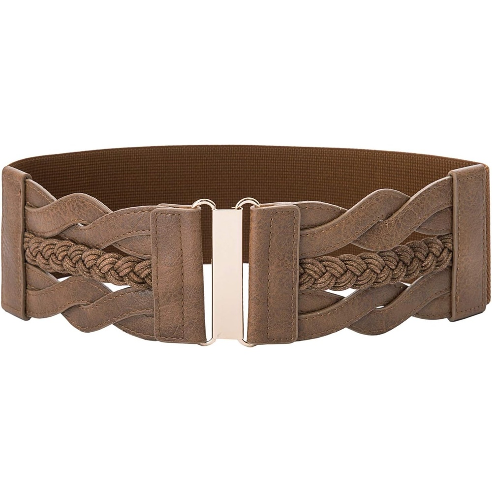 image:imageGRACE KARIN Wide Belts for Women Elastic Waist Belt 3 inch wide stretchy waistband Woven design Golden buckle For dresses skirt Vintage casual boho western styleSepia