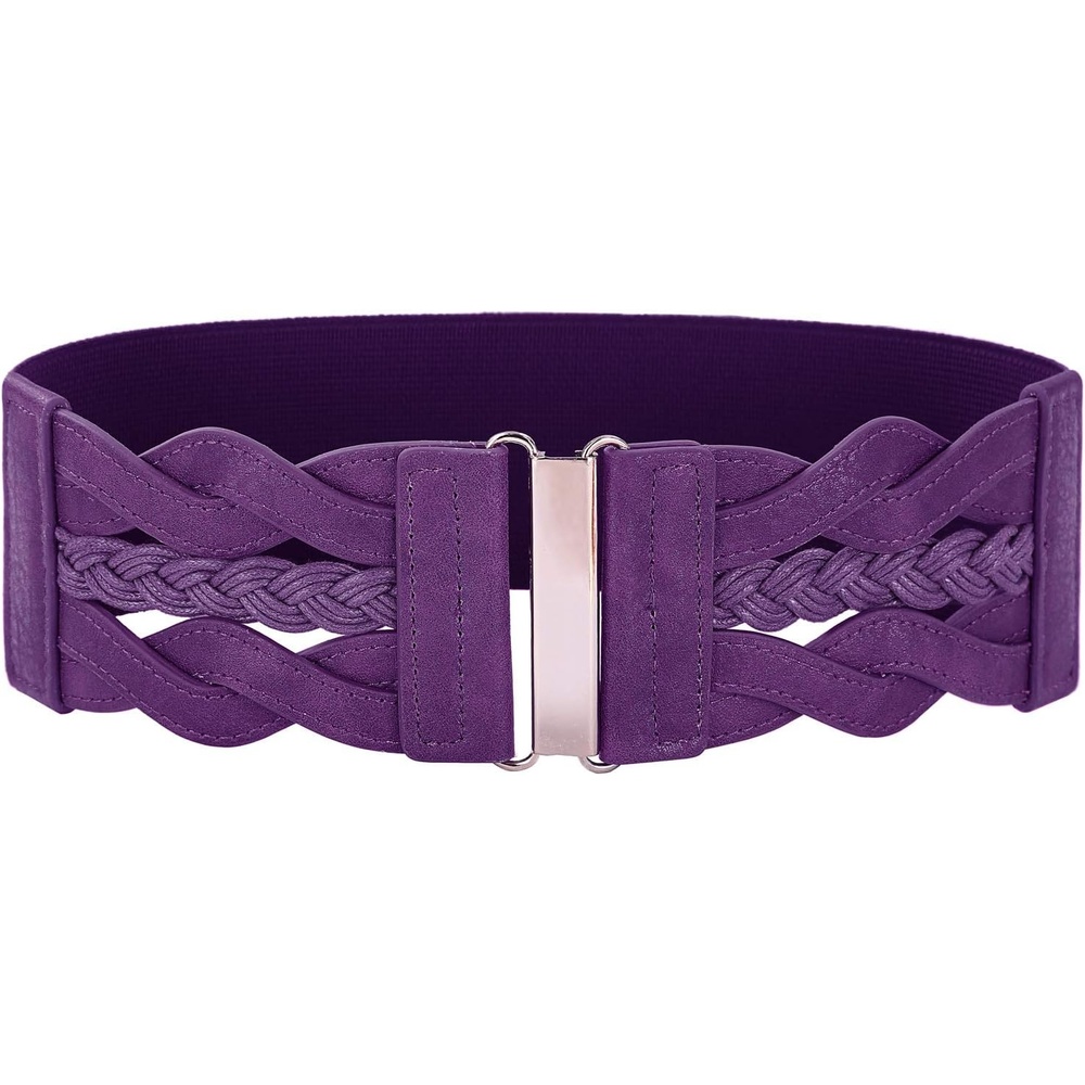 image:imageGRACE KARIN Wide Belts for Women Elastic Waist Belt 3 inch wide stretchy waistband Woven design Golden buckle For dresses skirt Vintage casual boho western stylePurple