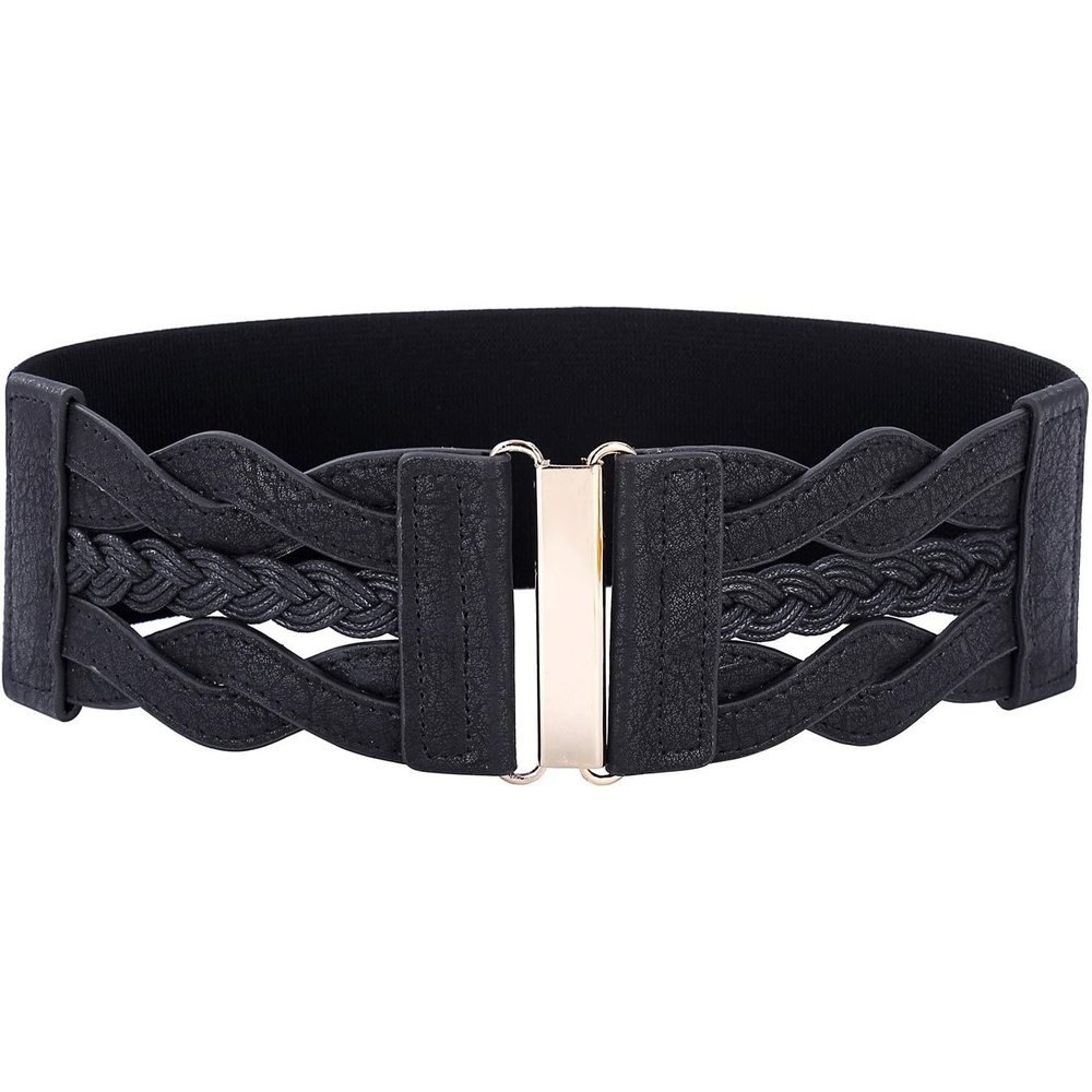 image:imageGRACE KARIN Wide Belts for Women Elastic Waist Belt 3 inch wide stretchy waistband Woven design Golden buckle For dresses skirt Vintage casual boho western styleBlack