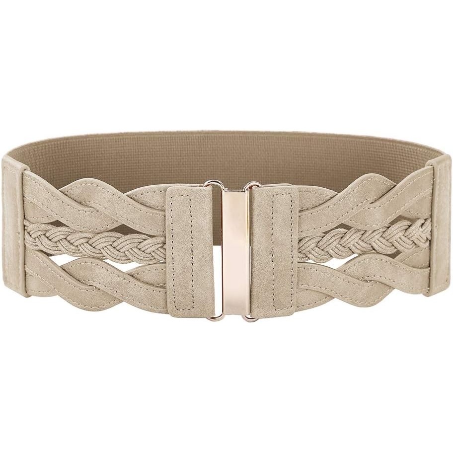 image:imageGRACE KARIN Wide Belts for Women Elastic Waist Belt 3 inch wide stretchy waistband Woven design Golden buckle For dresses skirt Vintage casual boho western styleBeige