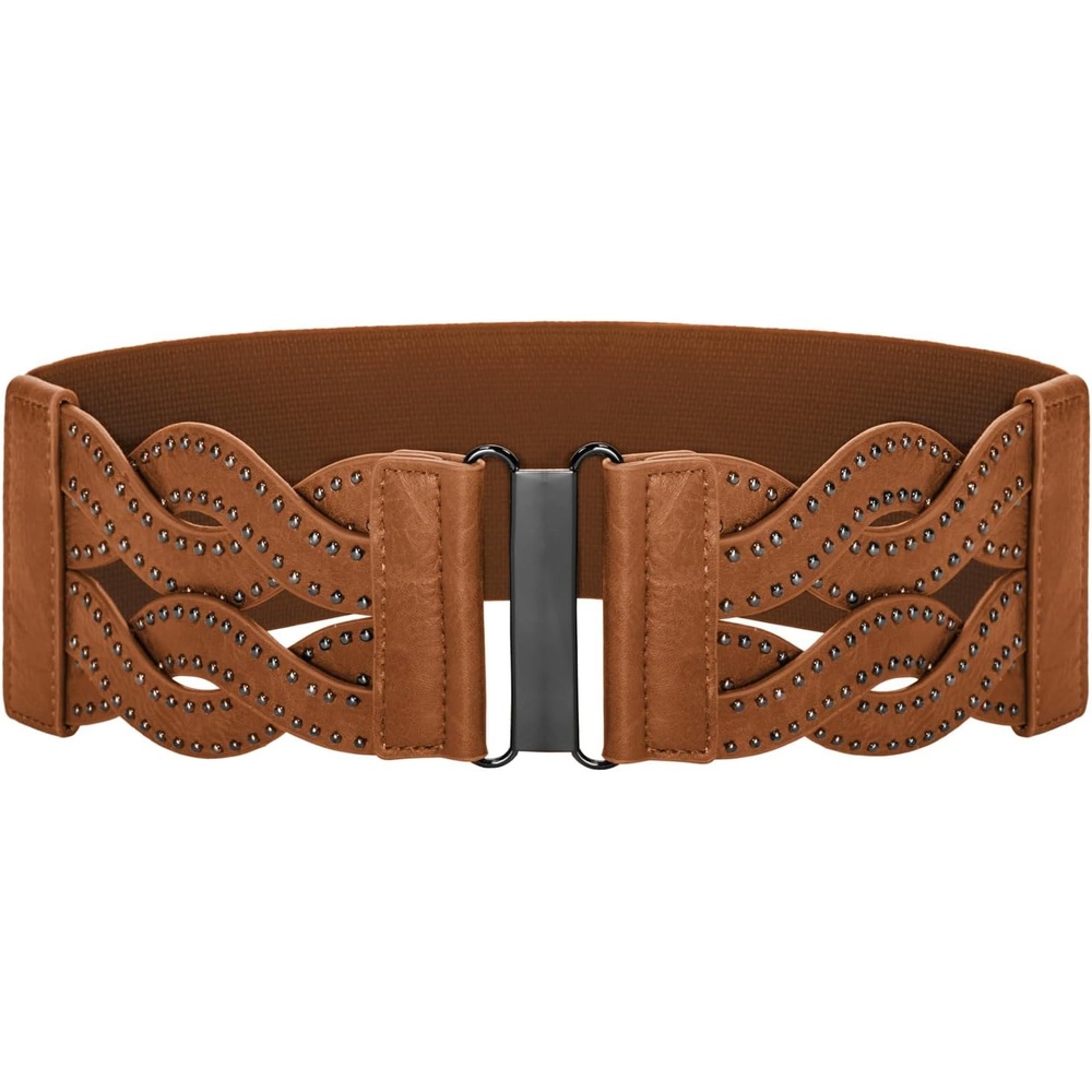 image:imageGRACE KARIN Wide Belts for Women Elastic Waist Belt 3 inch wide stretchy waistband Woven design Golden buckle For dresses skirt Vintage casual boho western styleCognac Brown