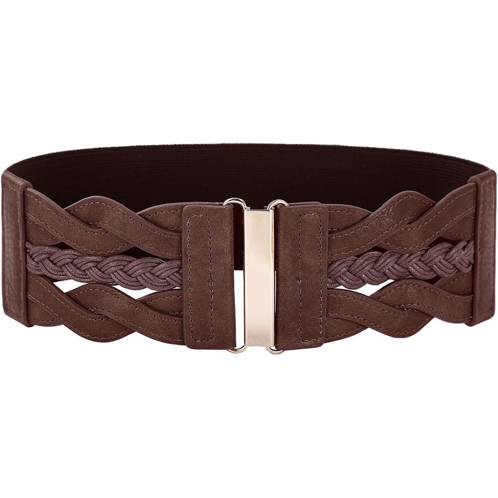 image:imageGRACE KARIN Wide Belts for Women Elastic Waist Belt  3 inch wide stretchy waistband Woven design Golden buckle For dresses skirt Vintage casual boho western styleChocolate Brown