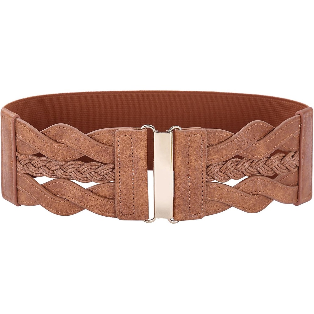 image:imageGRACE KARIN Wide Belts for Women Elastic Waist Belt  3 inch wide stretchy waistband Woven design Golden buckle For dresses skirt Vintage casual boho western styleBrown