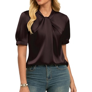 GRACE KARIN 2026 Women Satin Tops Short Sleeve Blouse Mock Neck Work Silk Shirts Business Casual Outfits(Coffee)