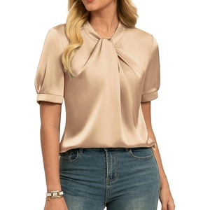 GRACE KARIN 2026 Women Satin Tops Short Sleeve Blouse Mock Neck Work Silk Shirts Business Casual Outfits(Orange Pink)