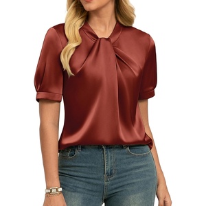 GRACE KARIN 2026 Women Satin Tops Short Sleeve Blouse Mock Neck Work Silk Shirts Business Casual Outfits(Red Orange)