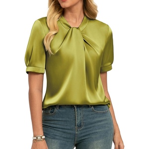 GRACE KARIN 2026 Women Satin Tops Short Sleeve Blouse Mock Neck Work Silk Shirts Business Casual Outfits(Sand Yellow)