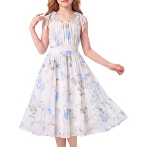 GRACE KARIN Girls Hawaiian Dress Floral Chiffon A-Line Sleeveless Summer Sundress for Beach Vacation Party 7-16(Apricot Blue Floral)