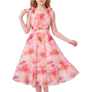 GRACE KARIN Girls Hawaiian Dress Floral Chiffon A-Line Sleeveless Summer Sundress for Beach Vacation Party 7-16(Coral Pink Large Floral)
