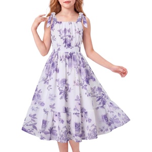 GRACE KARIN Girls Hawaiian Dress Floral Chiffon A-Line Sleeveless Summer Sundress for Beach Vacation Party 7-16(Lilac Purple Floral)