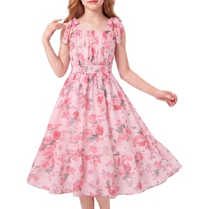 GRACE KARIN Girls Hawaiian Dress Floral Chiffon A-Line Sleeveless Summer Sundress for Beach Vacation Party 7-16(Pink Floral Green Leaf)