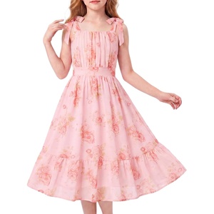 GRACE KARIN Girls Hawaiian Dress Floral Chiffon A-Line Sleeveless Summer Sundress for Beach Vacation Party 7-16(Pink Floral Yellow Leaf)